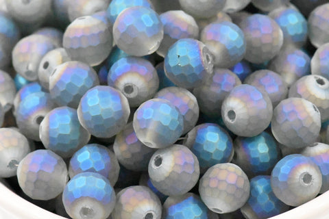 10mm Frosted, Faceted Gray-Blue Glass Beads