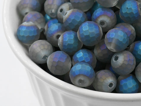 10mm Frosted, Faceted Gray-Blue Glass Beads