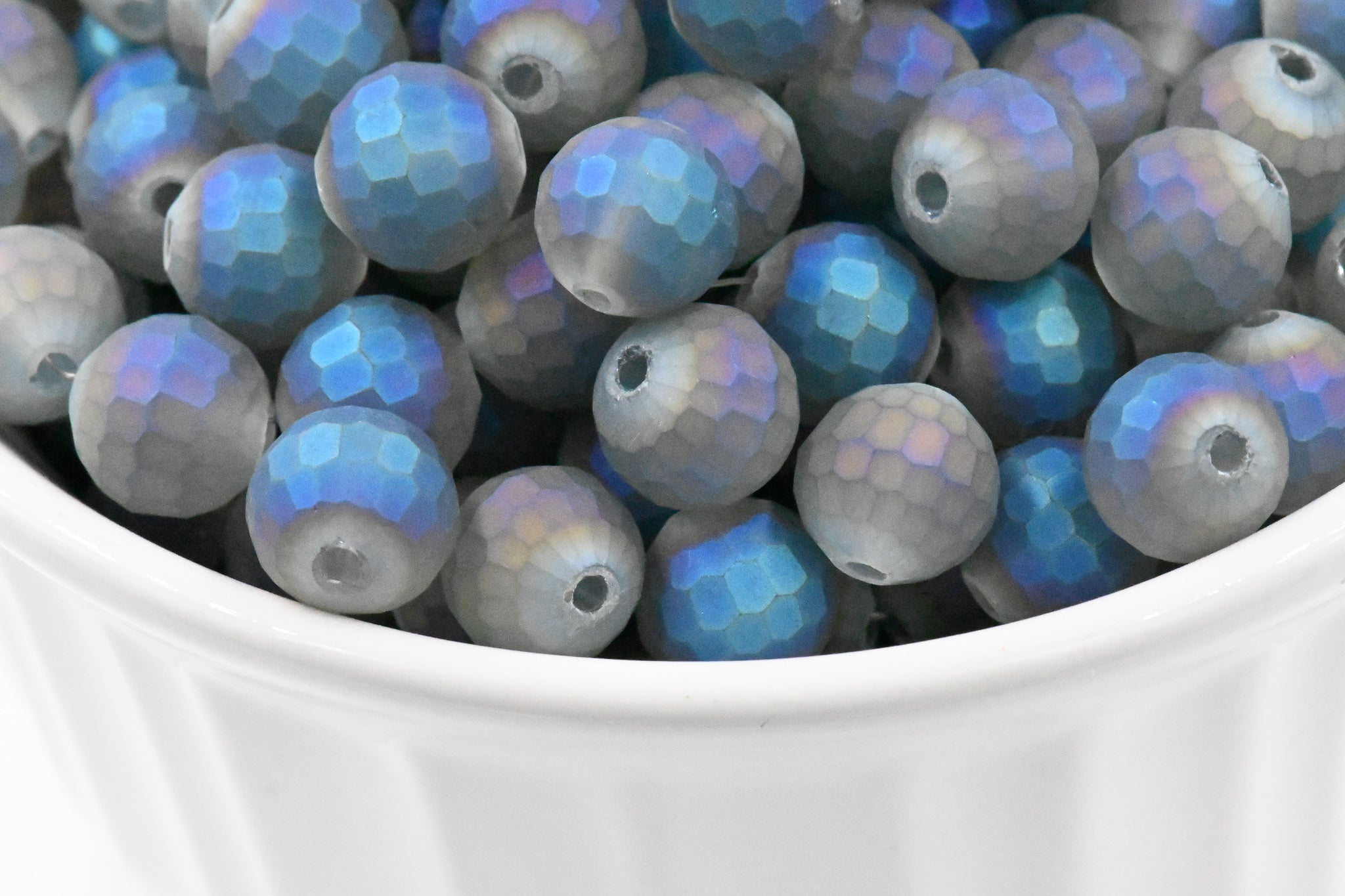 10mm Frosted, Faceted Gray-Blue Glass Beads