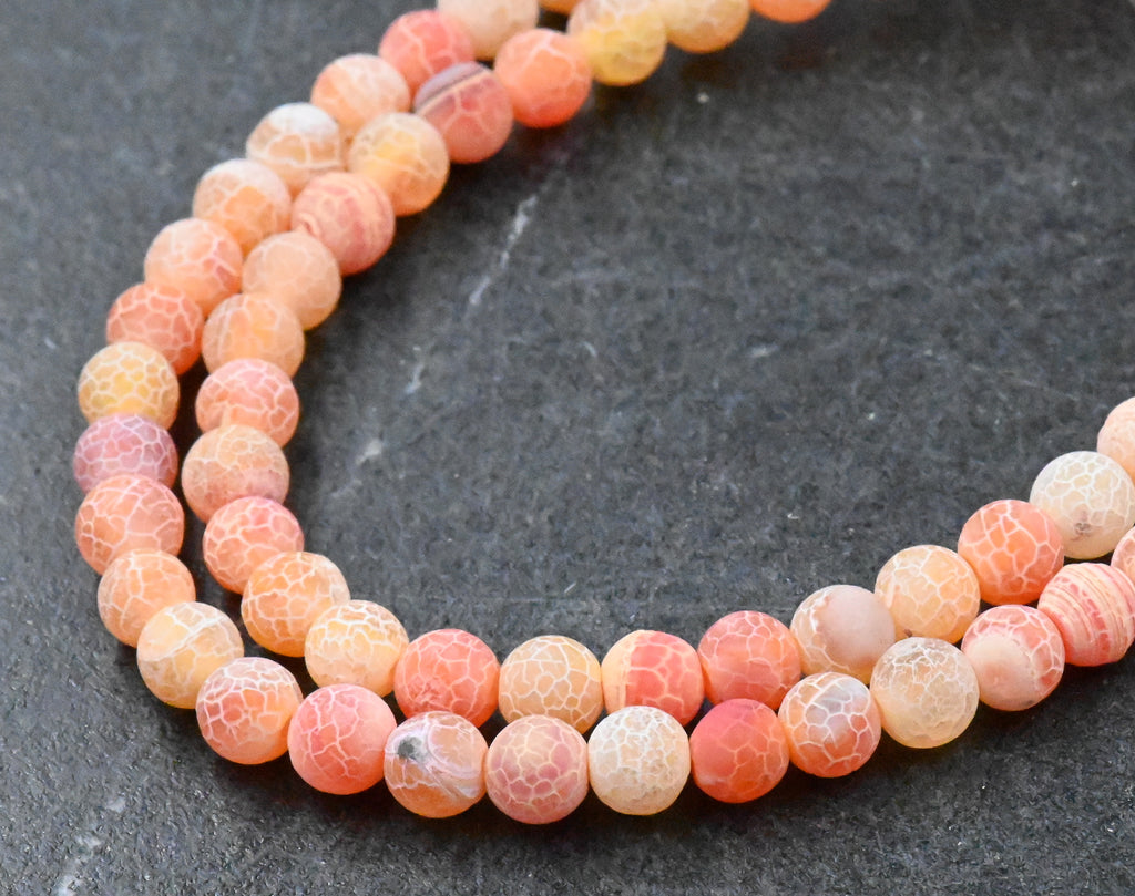 8mm Frosted Agate Round Beads in Orange Coral  -14.25 inch strand