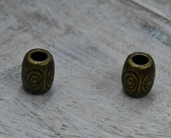 Antique Bronze, 50pc, Swirl Pattern Large Hole barrel  Beads, 7x6mm