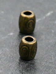 Antique Bronze, 50pc, Swirl Pattern Large Hole barrel  Beads, 7x6mm