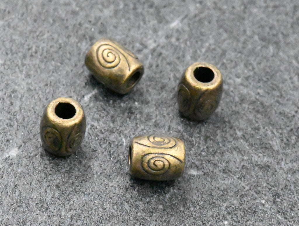 Antique Bronze, 50pc, Swirl Pattern Large Hole barrel  Beads, 7x6mm