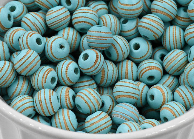 Blue Wood Beads Engraved, Patterned 10mm Wood Beads 10pc Hover Image