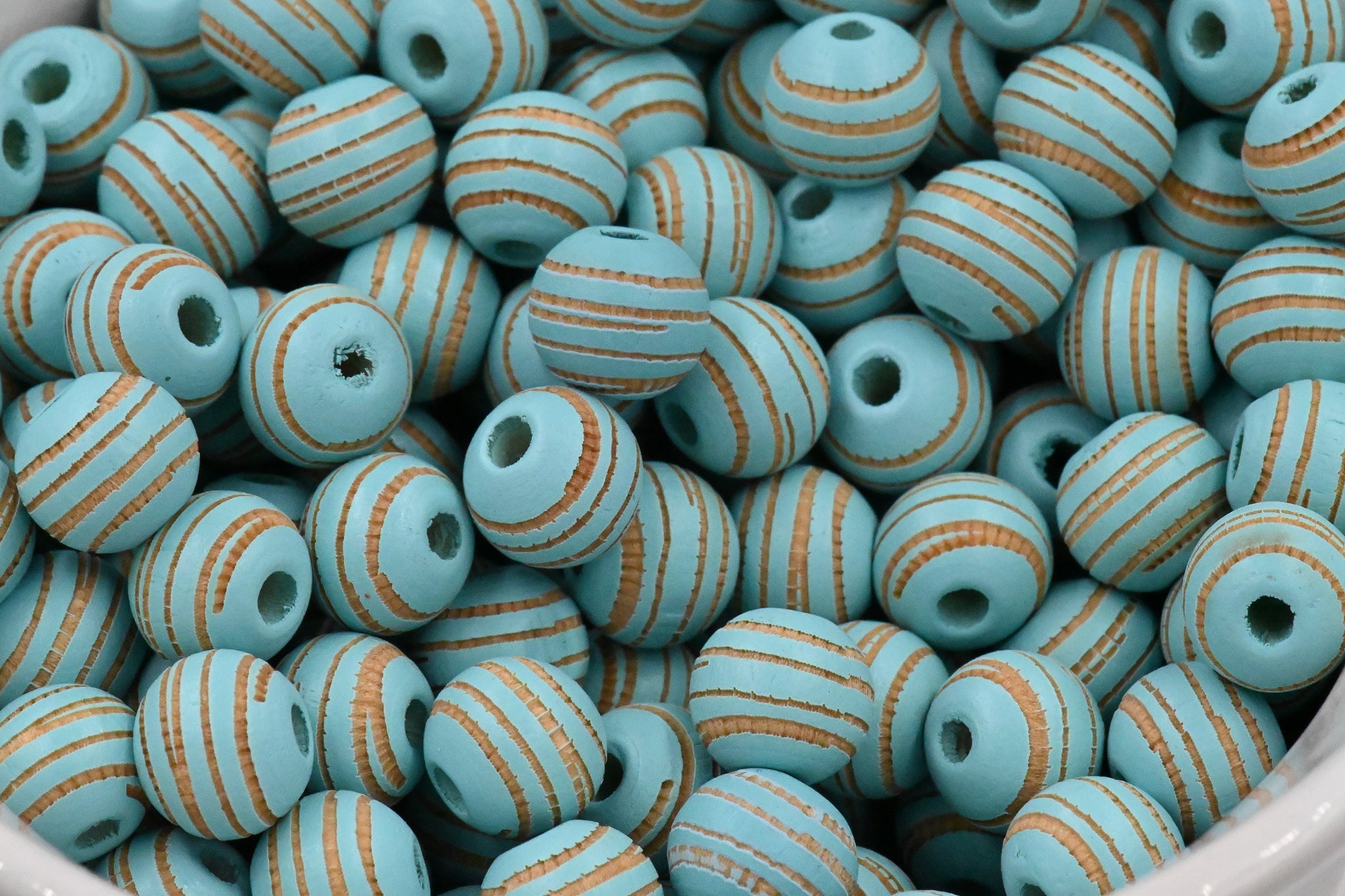 Blue Wood Beads Engraved, Patterned 10mm Wood Beads 10pc