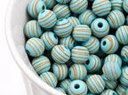 Blue Wood Beads Engraved, Patterned 10mm Wood Beads 10pc