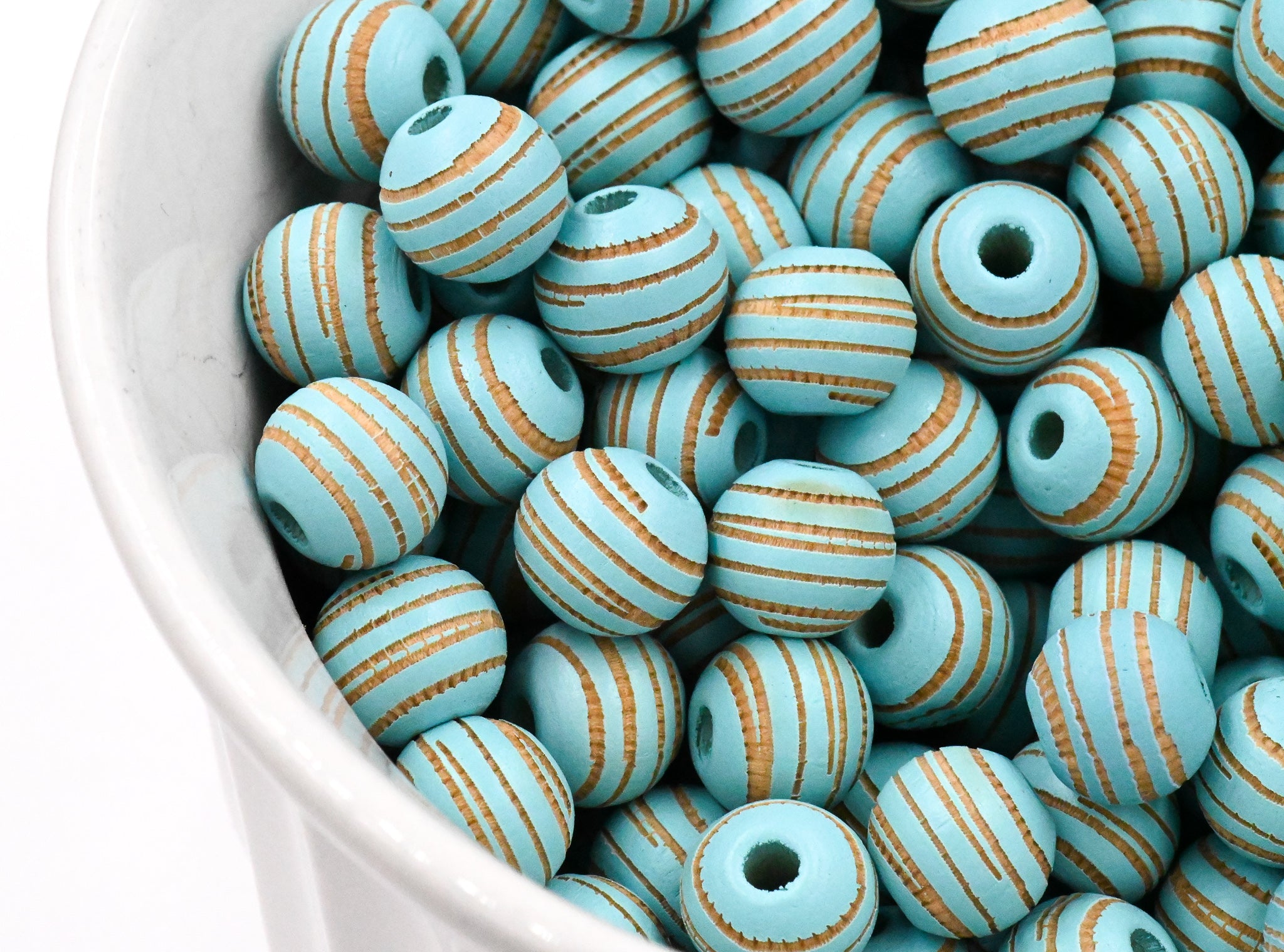 Blue Wood Beads Engraved, Patterned 10mm Wood Beads 10pc