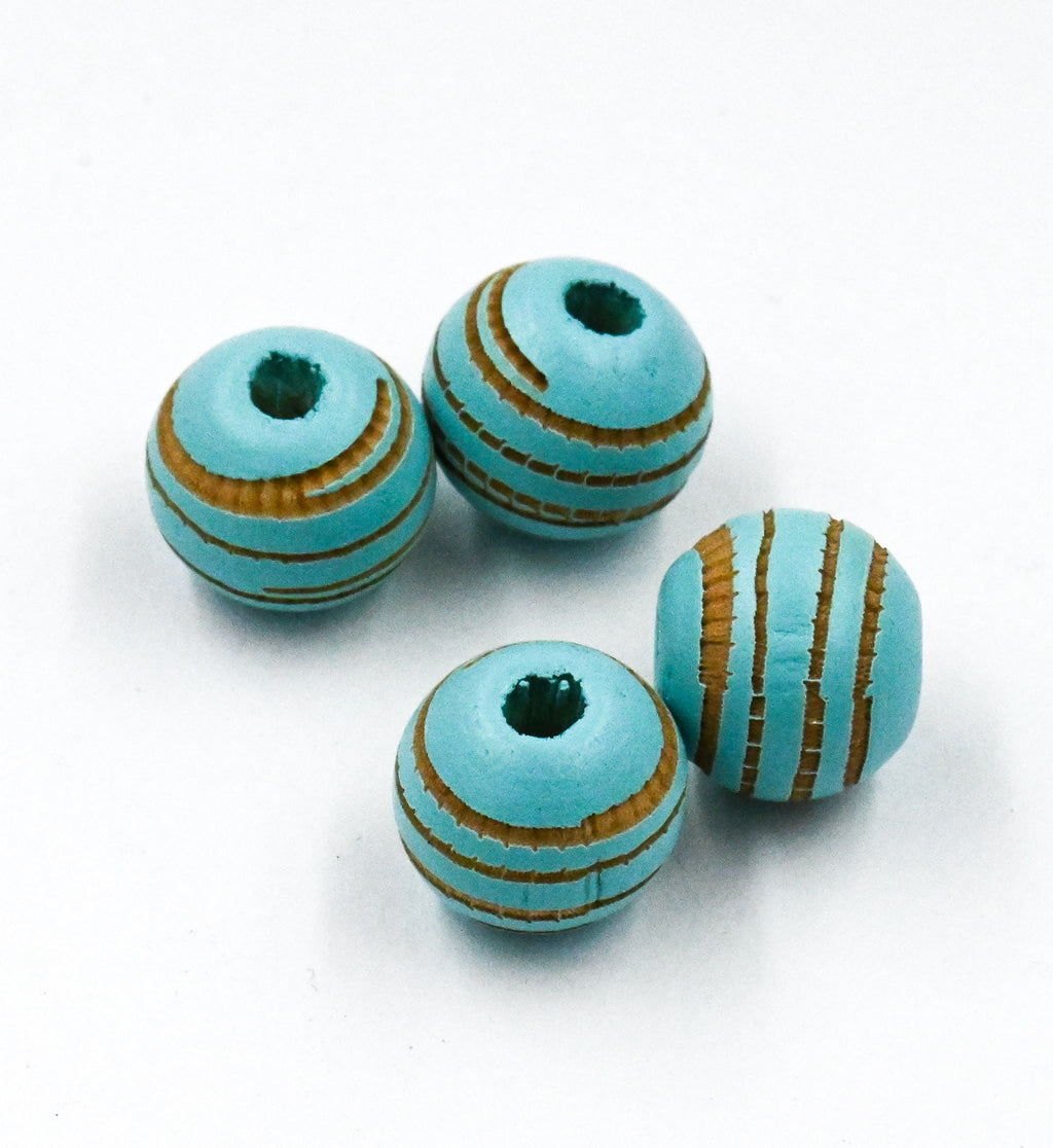 Blue Wood Beads Engraved, Patterned 10mm Wood Beads 10pc