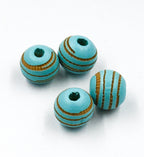 Blue Wood Beads Engraved, Patterned 10mm Wood Beads 10pc