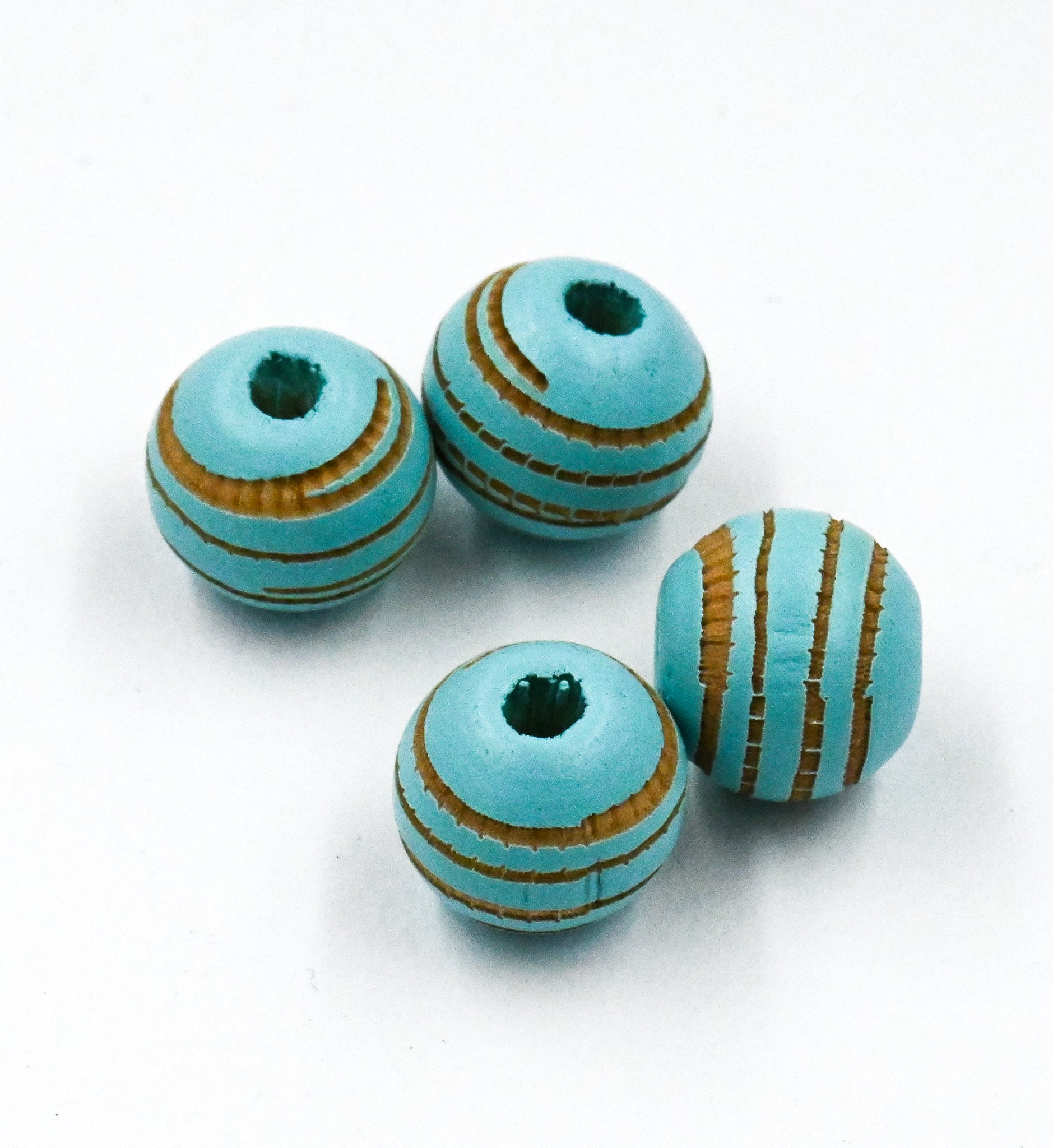 Blue Wood Beads Engraved, Patterned 10mm Wood Beads 10pc