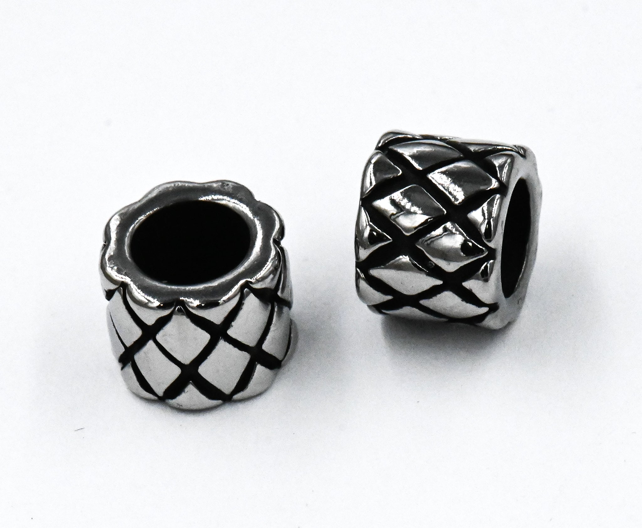 Stainless Steel Beads, 2pc Large Hole Beads, Column with Braided Pattern, Antique Silver, 9mm