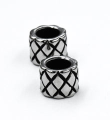 Stainless Steel Beads, 2pc Large Hole Beads, Column with Braided Pattern, Antique Silver, 9mm