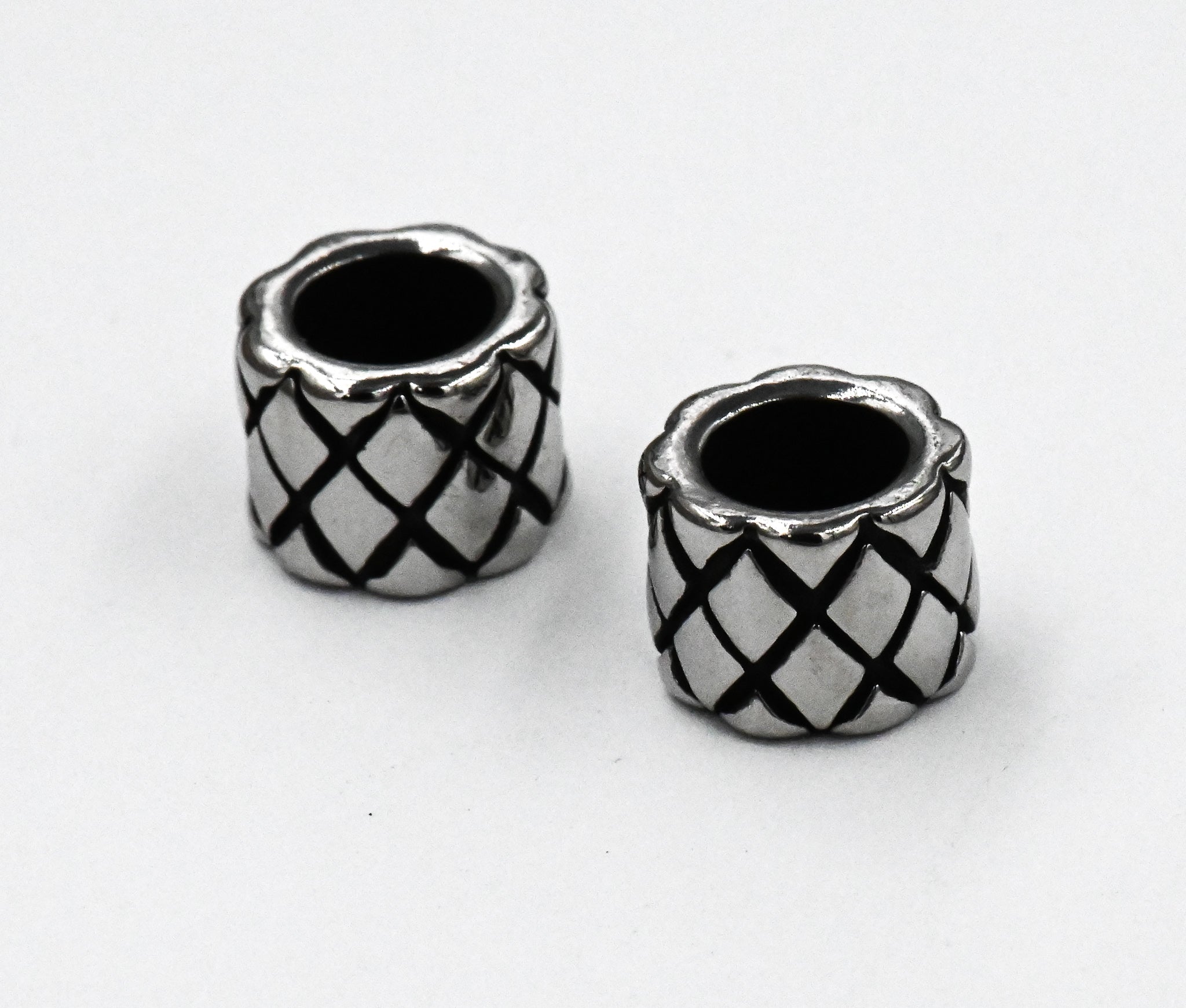 Stainless Steel Beads, 2pc Large Hole Beads, Column with Braided Pattern, Antique Silver, 9mm