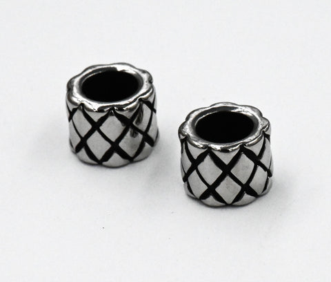 Stainless Steel Beads, 2pc Large Hole Beads, Column with Braided Pattern, Antique Silver, 9mm