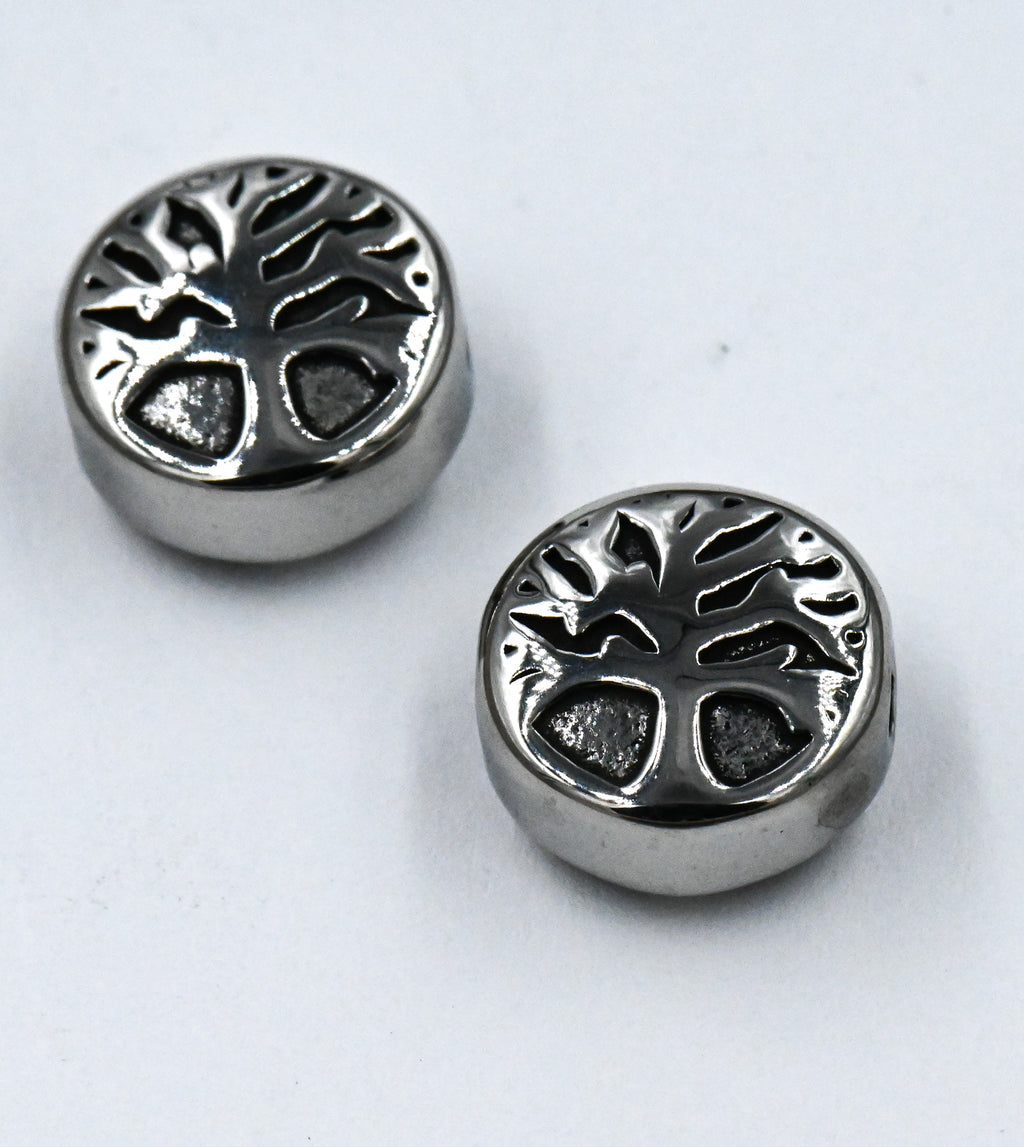 304 Stainless Steel Beads, Flat Round with Tree of Life, Antique Silver or Gold 10x5.5mm -1pc
