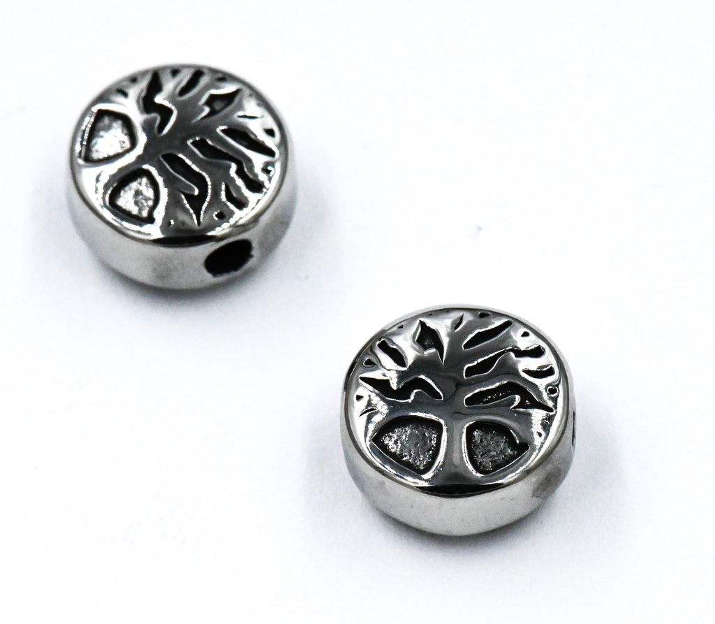 304 Stainless Steel Beads, Flat Round with Tree of Life, Antique Silver or Gold 10x5.5mm -1pc
