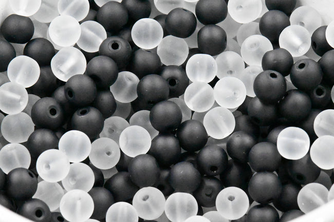 6mm 8mm Black and White Frosted Matte Glass Round Druk Cultured Sea Glass Beads - 100 beads Main Image