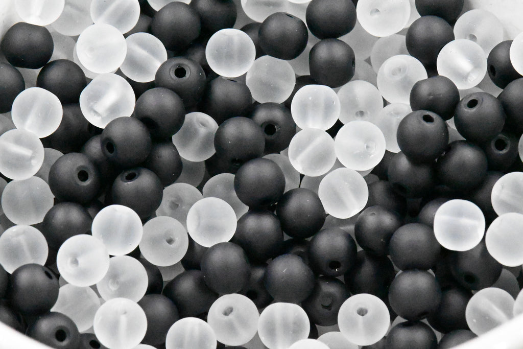 6mm 8mm Black and White Frosted Matte Glass Round Druk Cultured Sea Glass Beads - 200 beads