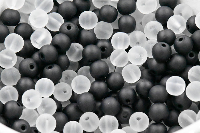 6mm 8mm Black and White Frosted Matte Glass Round Druk Cultured Sea Glass Beads - 200 beads Main Image