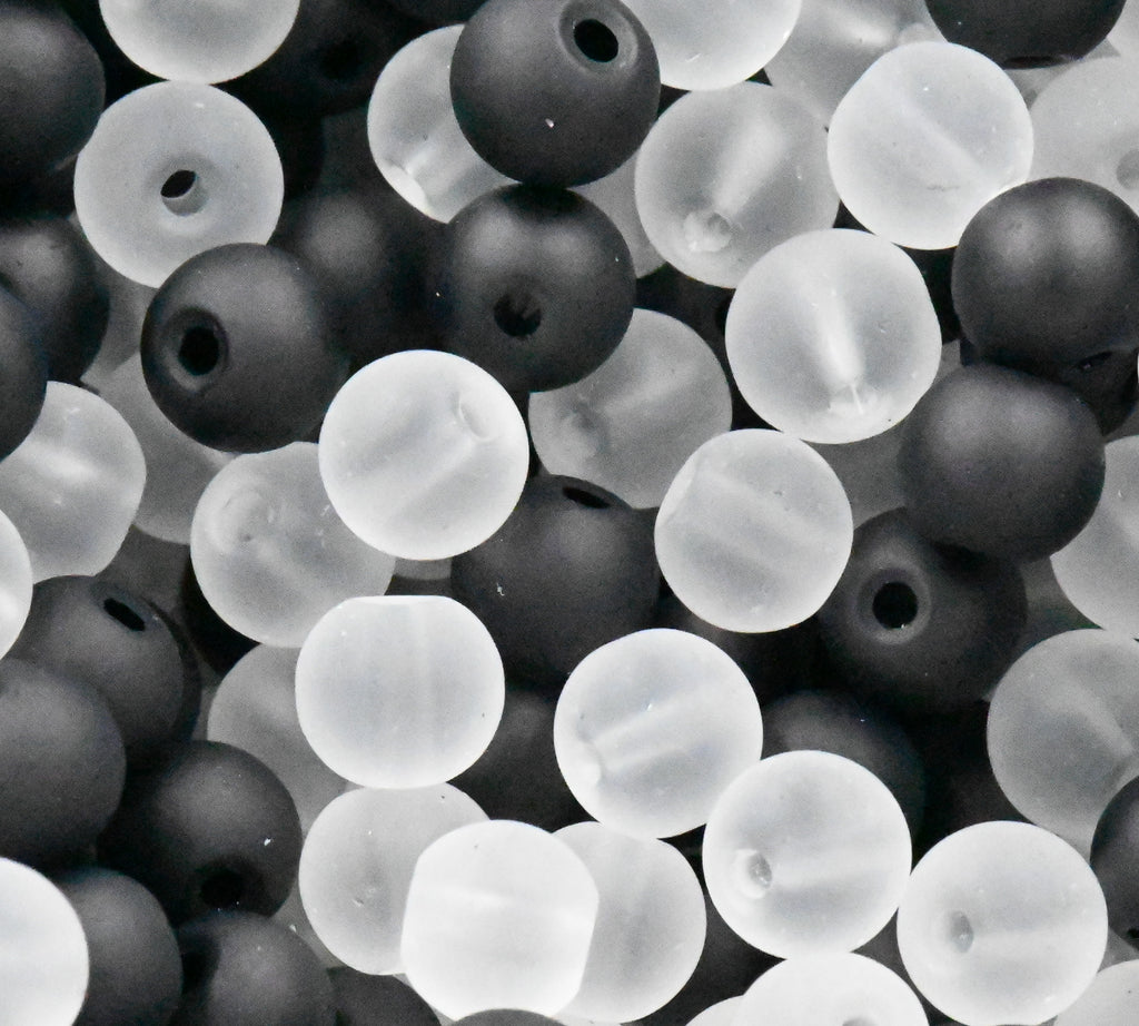 6mm 8mm Black and White Frosted Matte Glass Round Druk Cultured Sea Glass Beads - 100 beads