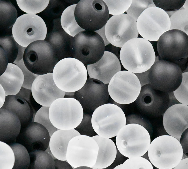 6mm 8mm Black and White Frosted Matte Glass Round Druk Cultured Sea Glass Beads - 100 beads Hover Image