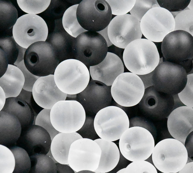 6mm 8mm Black and White Frosted Matte Glass Round Druk Cultured Sea Glass Beads - 200 beads Hover Image