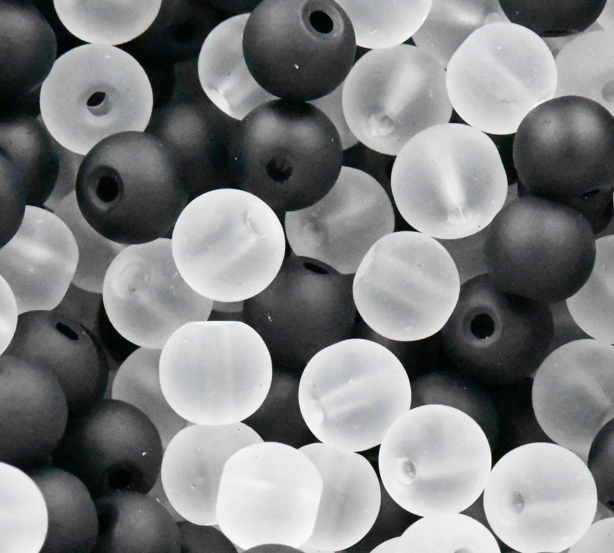 6mm 8mm Black and White Frosted Matte Glass Round Druk Cultured Sea Glass Beads - 200 beads
