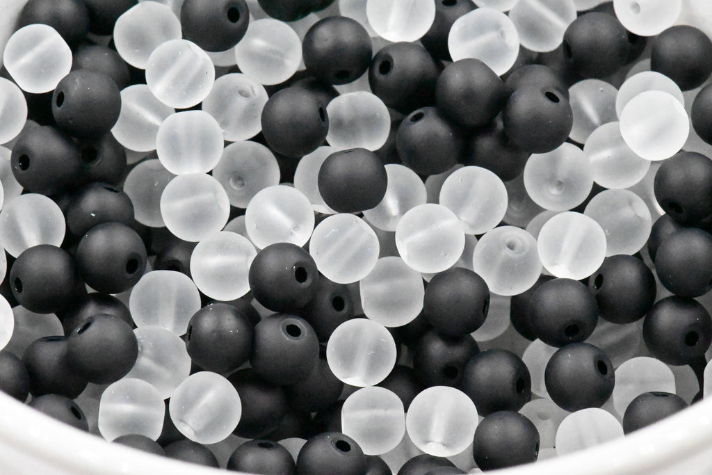 6mm 8mm Black and White Frosted Matte Glass Round Druk Cultured Sea Glass Beads - 200 beads