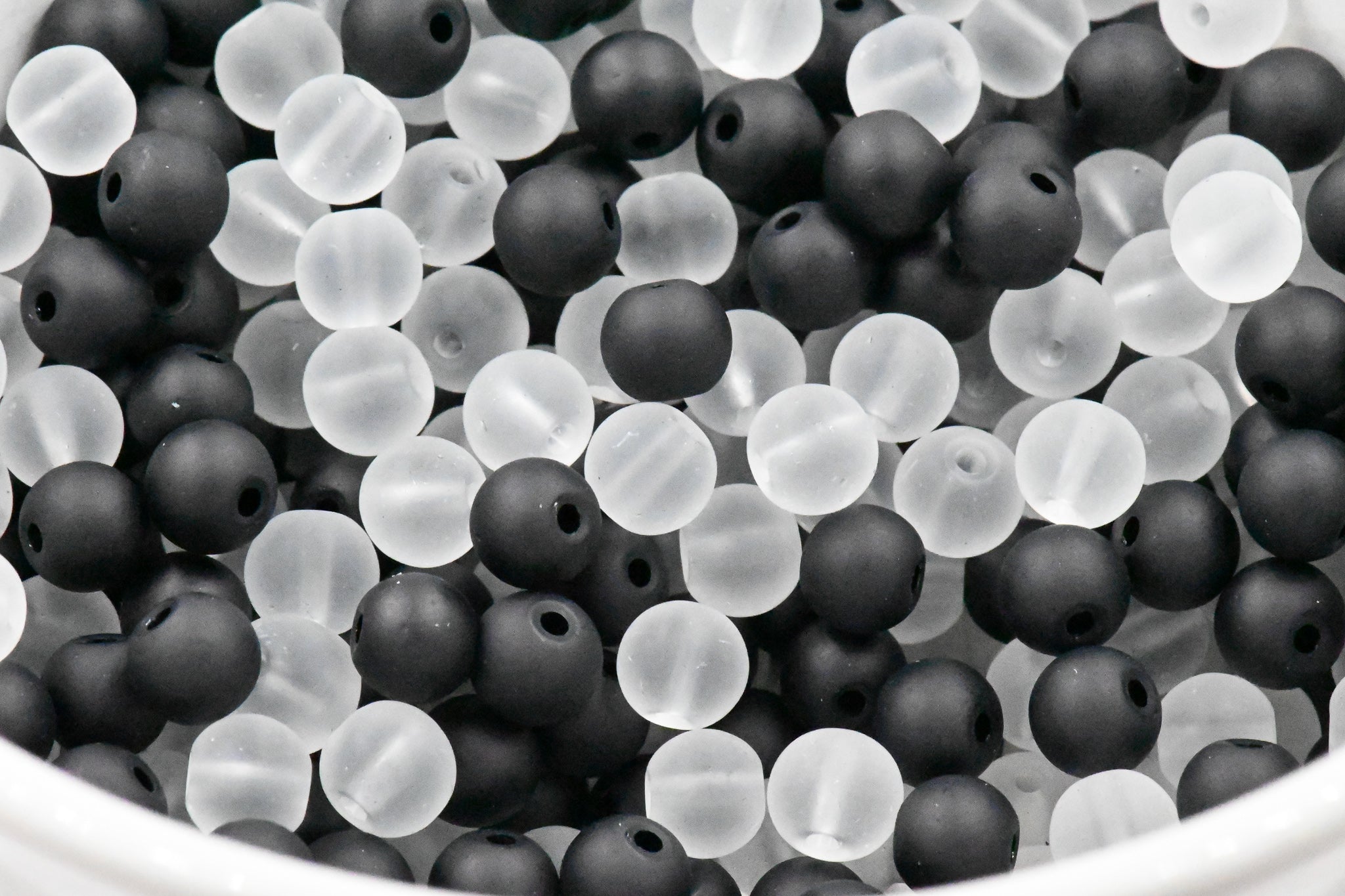 6mm 8mm Black and White Frosted Matte Glass Round Druk Cultured Sea Glass Beads - 200 beads