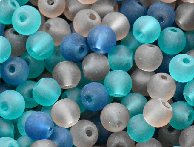 6mm Lake Blue Mix Frosted Matte Glass Round Druk Cultured Sea Glass Beads - 100 beads Hover Image