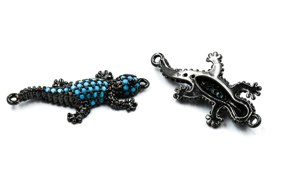 Brass Micro Pave Cubic Zirconia Links connectors, Gecko, Sky Blue, Gunmetal, 31.5x14x4.5mm