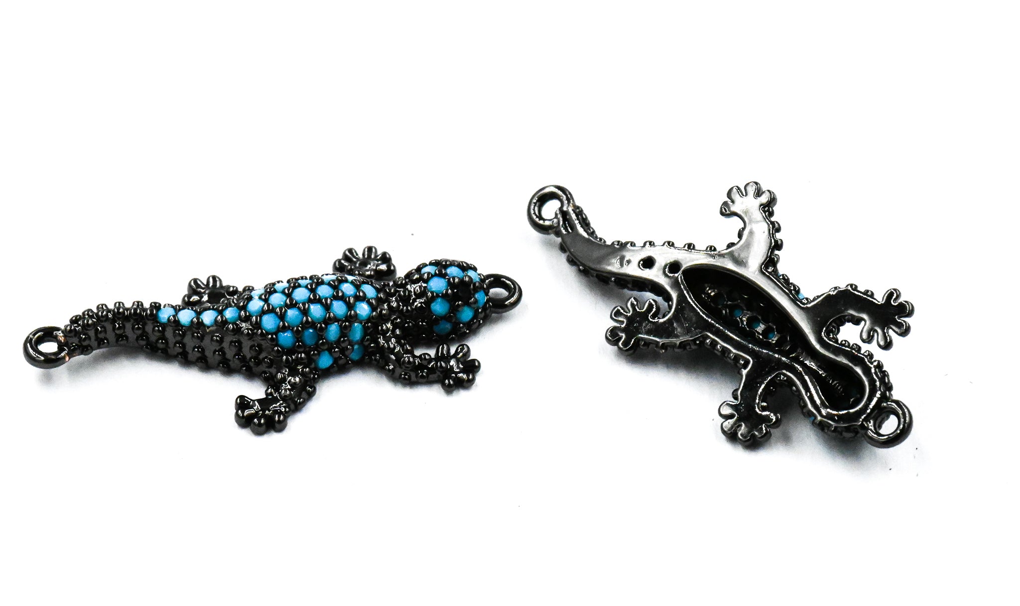 Brass Micro Pave Cubic Zirconia Links connectors, Gecko, Sky Blue, Gunmetal, 31.5x14x4.5mm