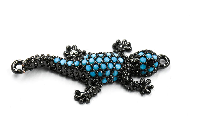 Brass Micro Pave Cubic Zirconia Links connectors, Gecko, Sky Blue, Gunmetal, 31.5x14x4.5mm Hover Image