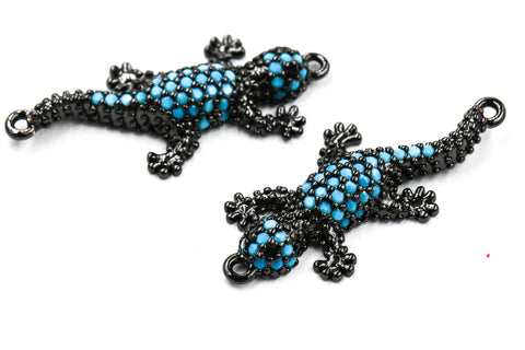 Brass Micro Pave Cubic Zirconia Links connectors, Gecko, Sky Blue, Gunmetal, 31.5x14x4.5mm