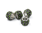 Antique Silver Plated with Leaf, 5pc, Peridot Rhinestone Large Hole European Beads, Rondelle, 9x7mm