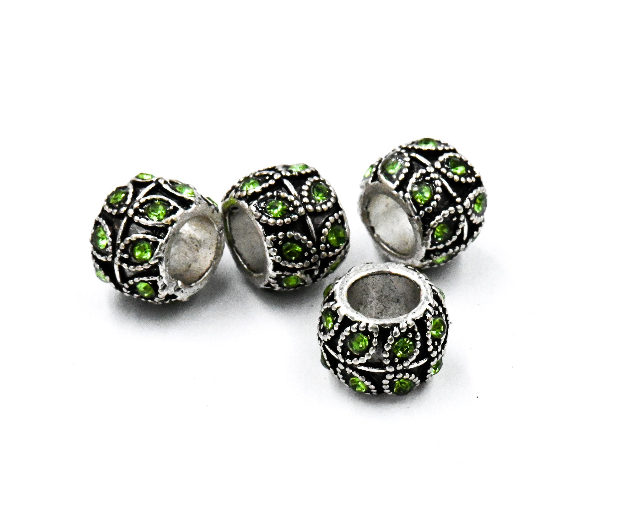 Antique Silver Plated with Leaf, 5pc, Peridot Rhinestone Large Hole European Beads, Rondelle, 9x7mm