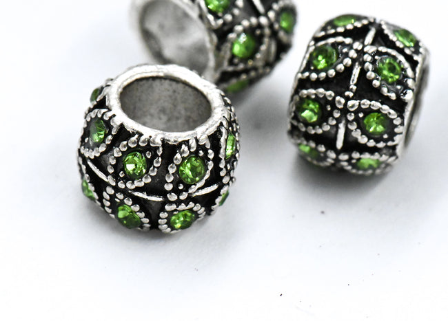 Antique Silver Plated with Leaf, 5pc, Peridot Rhinestone Large Hole European Beads, Rondelle, 9x7mm Main Image