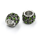 Antique Silver Plated with Leaf, 5pc, Peridot Rhinestone Large Hole European Beads, Rondelle, 9x7mm