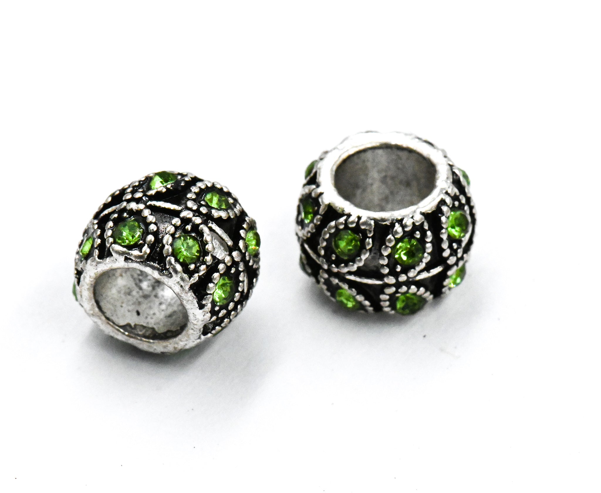 Antique Silver Plated with Leaf, 5pc, Peridot Rhinestone Large Hole European Beads, Rondelle, 9x7mm