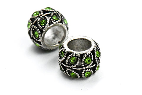 Antique Silver Plated with Leaf, 5pc, Peridot Rhinestone Large Hole European Beads, Rondelle, 9x7mm