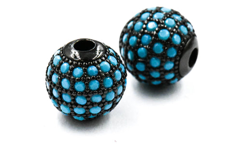 Turquoise Blue Micro Pave Cubic Zirconia Beads,2pc Gunmetal 10mm