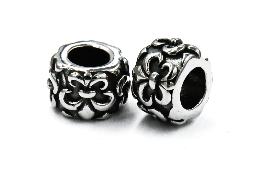 304 Stainless Steel European Large Hole Column with Fleur De Lis, 2pc Antique Silver, 10x7mm