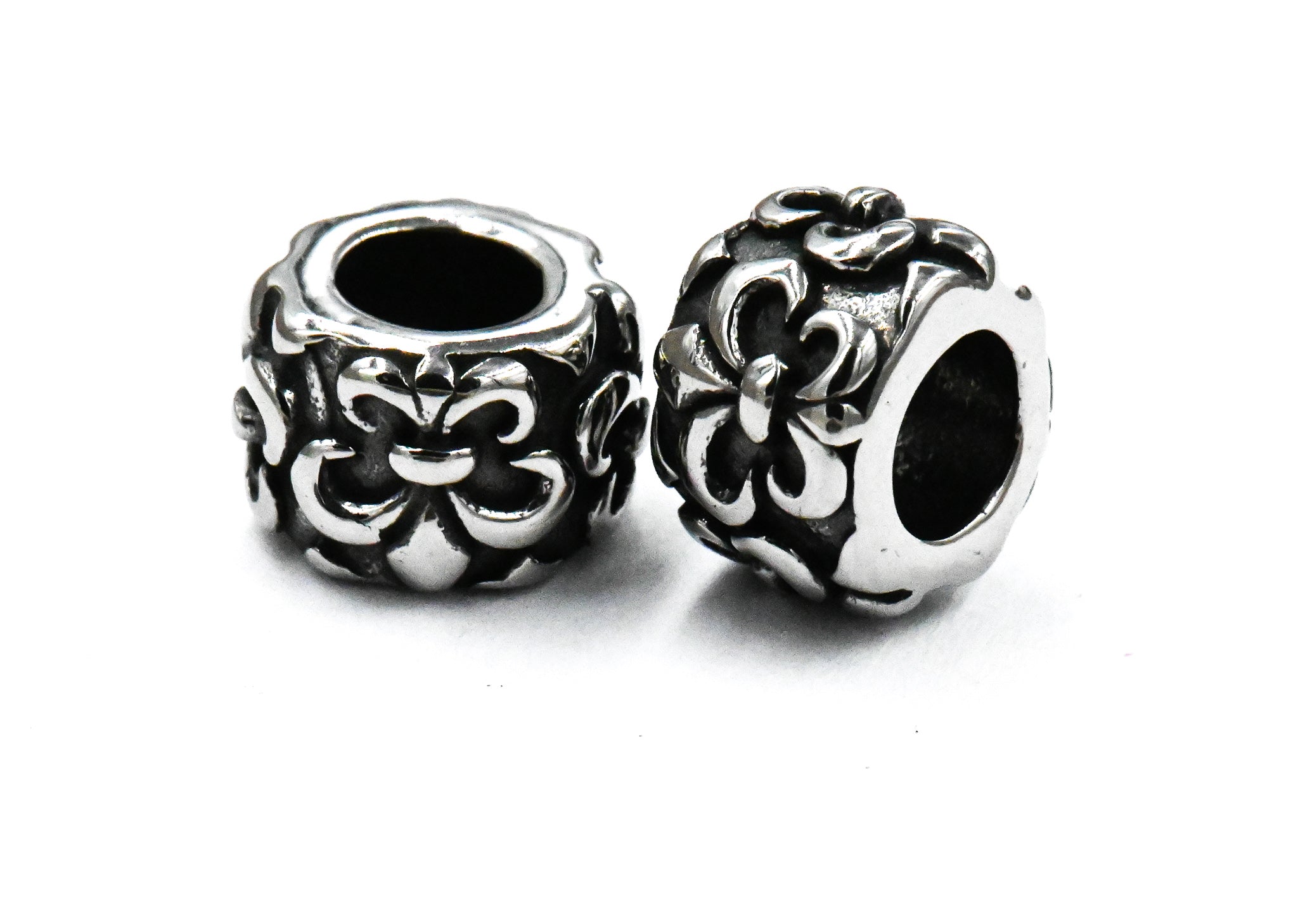 304 Stainless Steel European Large Hole Column with Fleur De Lis, 2pc Antique Silver, 10x7mm
