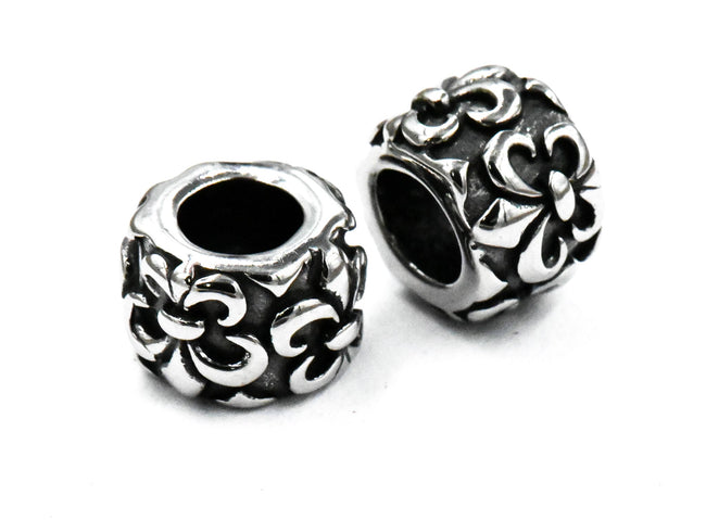 304 Stainless Steel European Large Hole Column with Fleur De Lis, 2pc Antique Silver, 10x7mm Hover Image