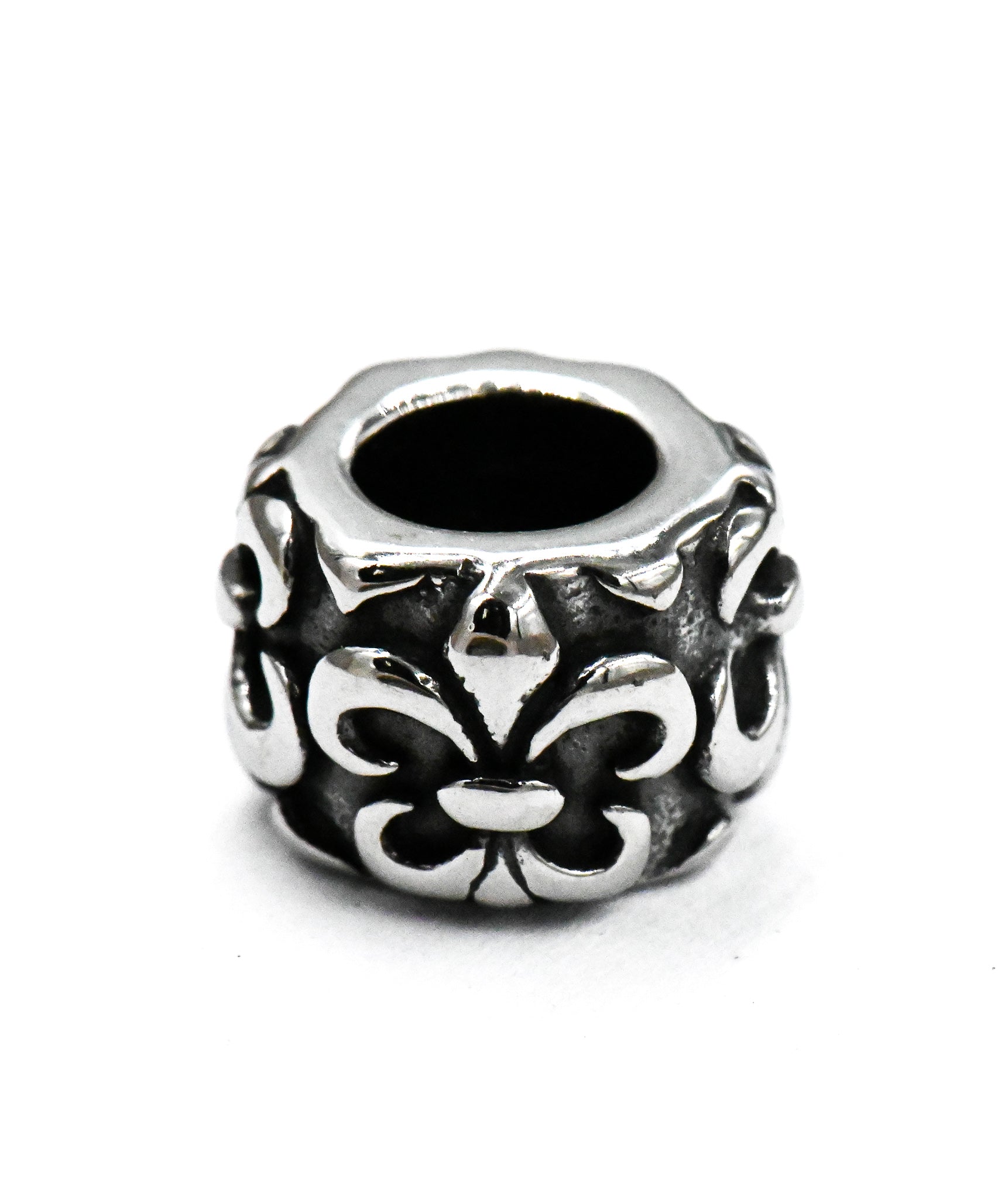 304 Stainless Steel European Large Hole Column with Fleur De Lis, 2pc Antique Silver, 10x7mm