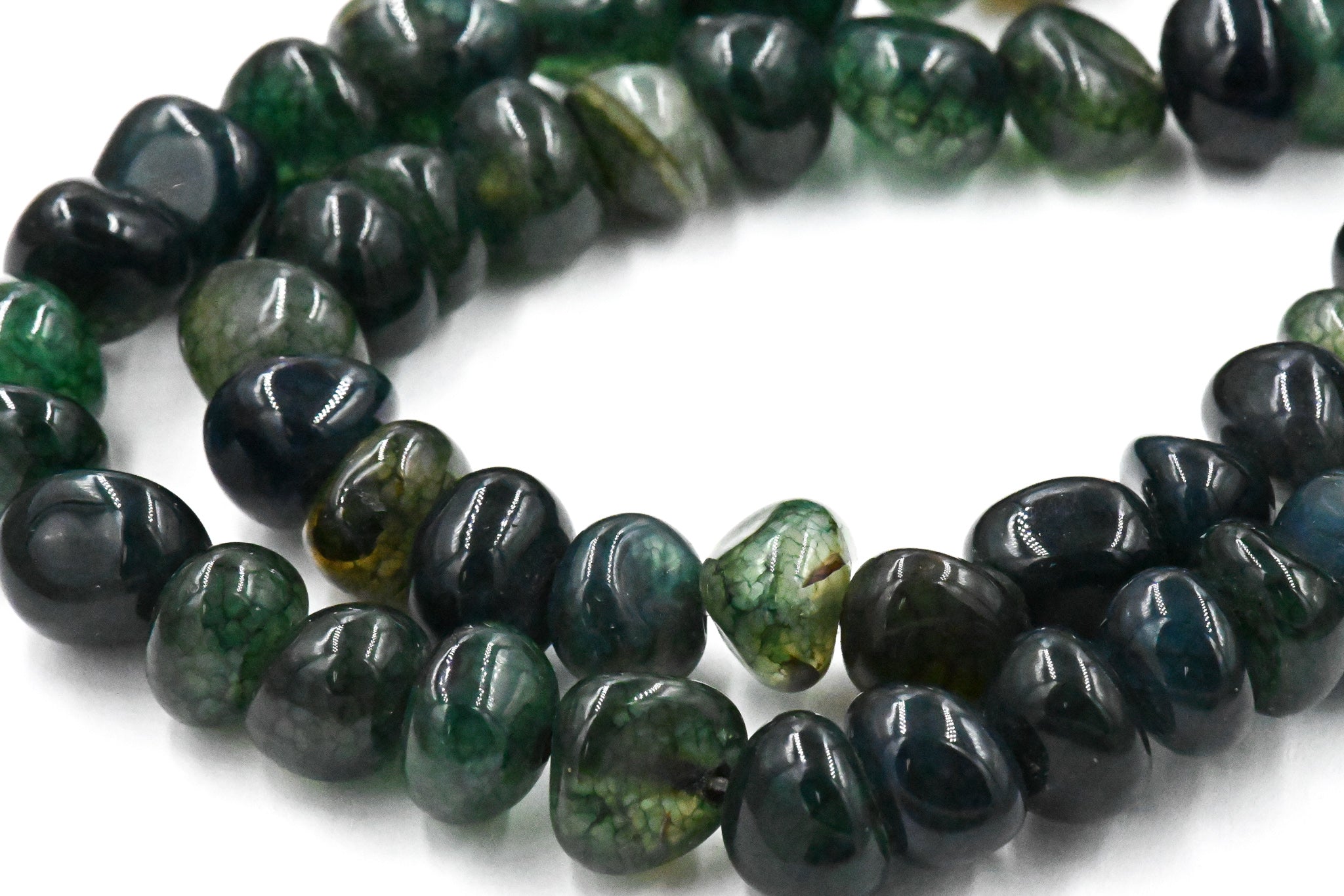 Natural Dragon Veins Agate Beads Strands, Tumbled Stone, Dyed, Chip, Deep Forest Green