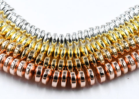 Synthetic Hematite Bead Strands, Rondelle, Silver, Rose Gold, Gold Plated, 6x3mm