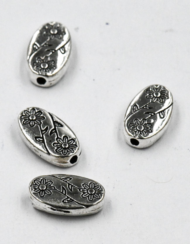Antique Silver Oval with Flower Tibetan Style Alloy Beads, 50pc Main Image