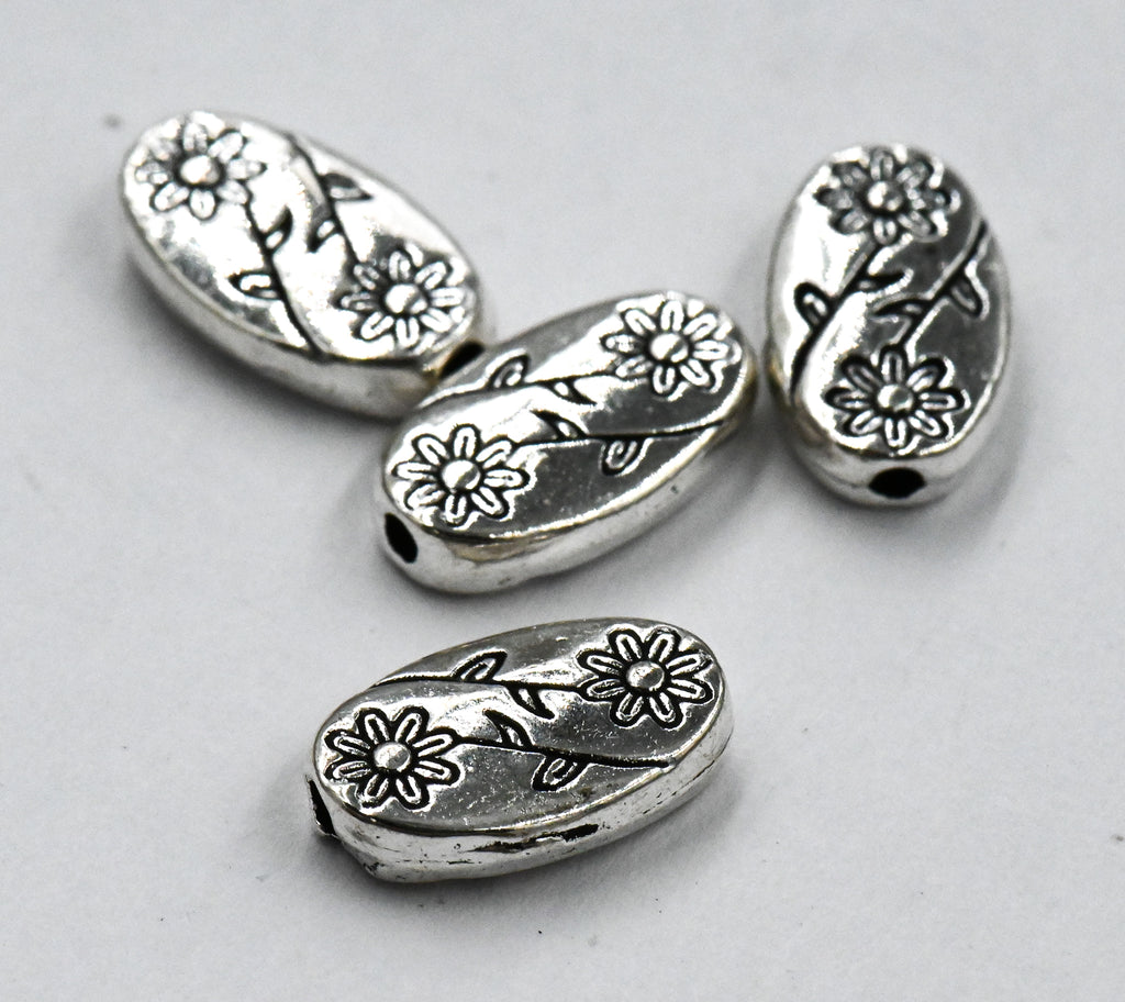 Antique Silver Oval with Flower Tibetan Style Alloy Beads, 50pc