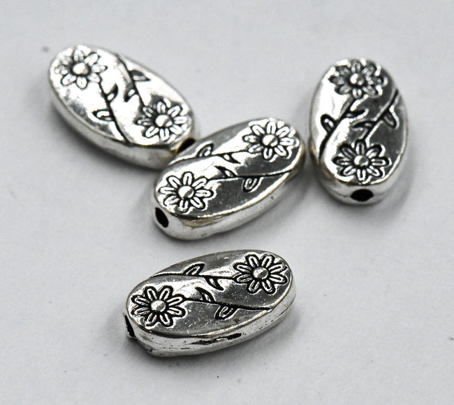 Antique Silver Oval with Flower Tibetan Style Alloy Beads, 50pc Hover Image